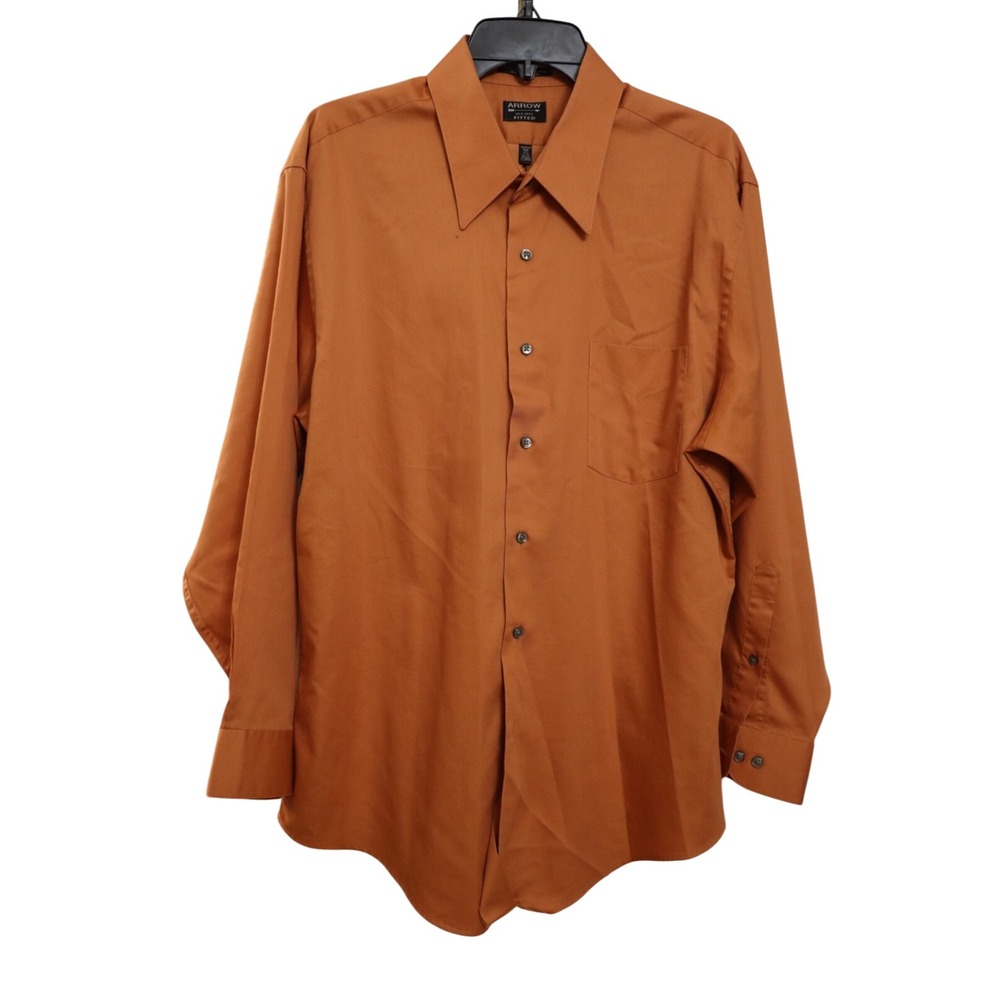 Arrow Mens XL Shirt 17.5 32/33 Sateen Wrinkle Free‎ Button Up Burnt Orange